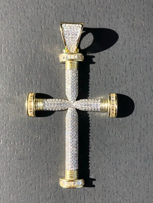 925 Silver Baguette Sided Cross In 14k Gold Finish - Bay Area Drip Shop