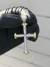 Load image into Gallery viewer, 925 Silver Baguette Sided Cross In 14k Gold Finish - Bay Area Drip Shop
